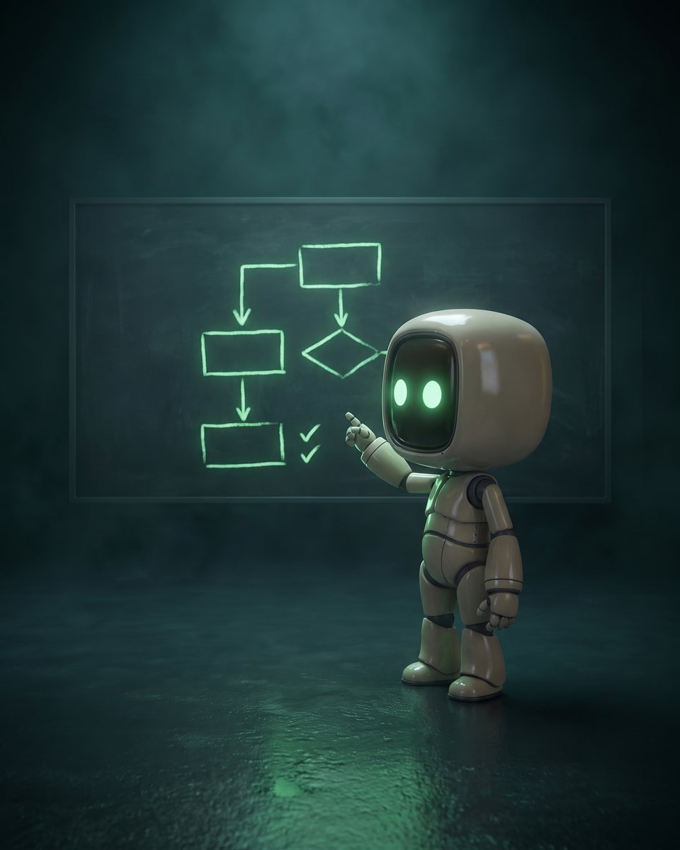 Sujet Live-Demo: ein Okulus-Roboter zeigt an einer Wandtafel auf ein Flussdiagramm